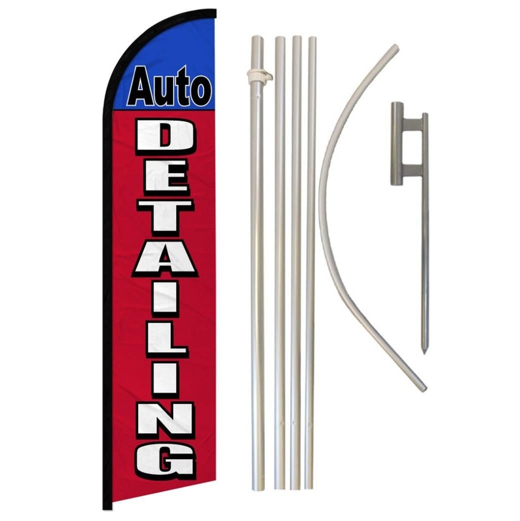 Auto Detailing (Red & Blue) Windless Banner Flag & Pole Kit - Flags Importer