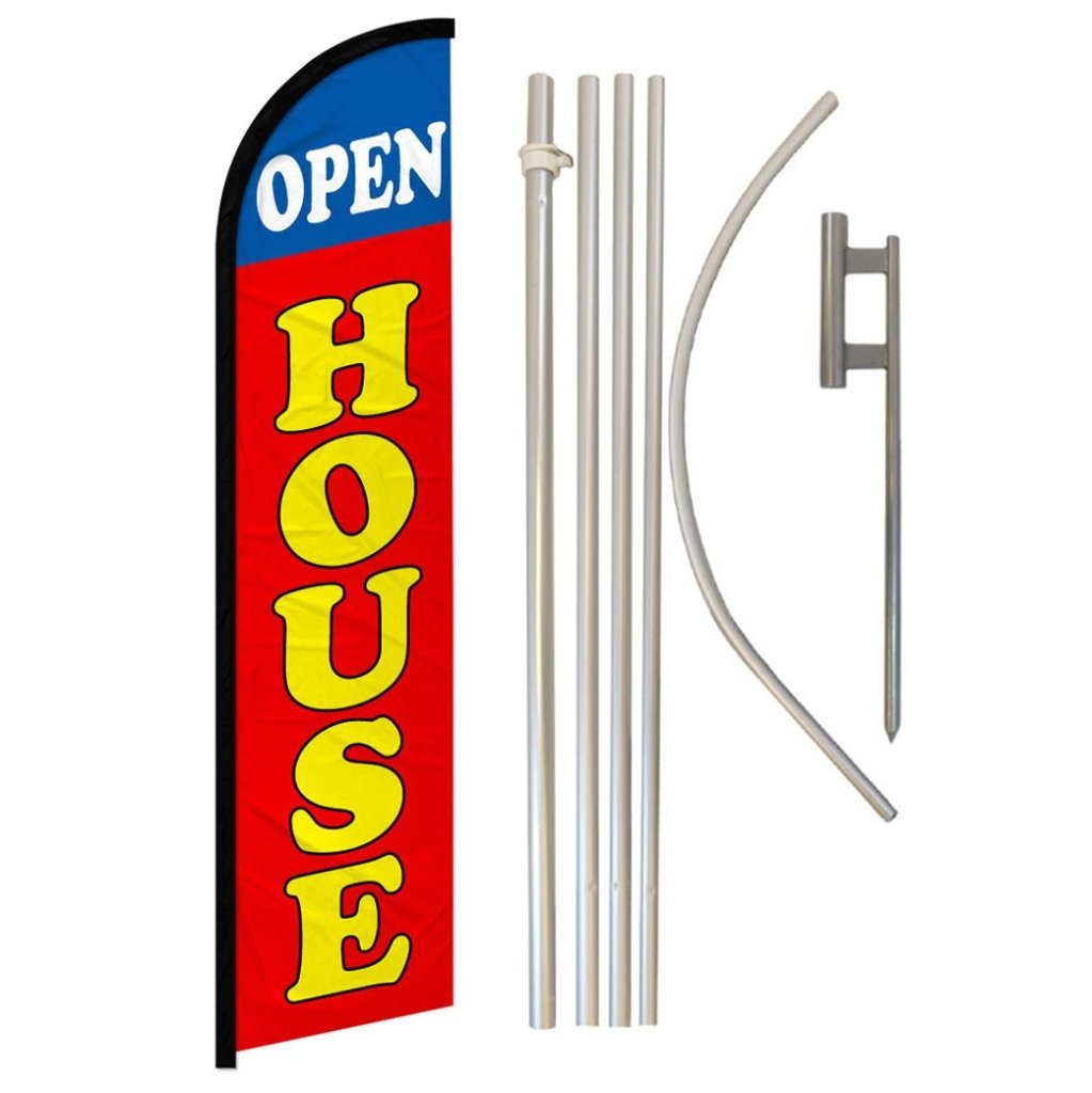 Open House (Blue & Red) Windless Banner Flag & Pole Kit - Flags Importer